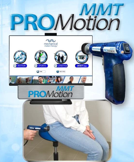 PROMotion MMT display with therapy equipment, monitor, massage device, and treatment demonstration.